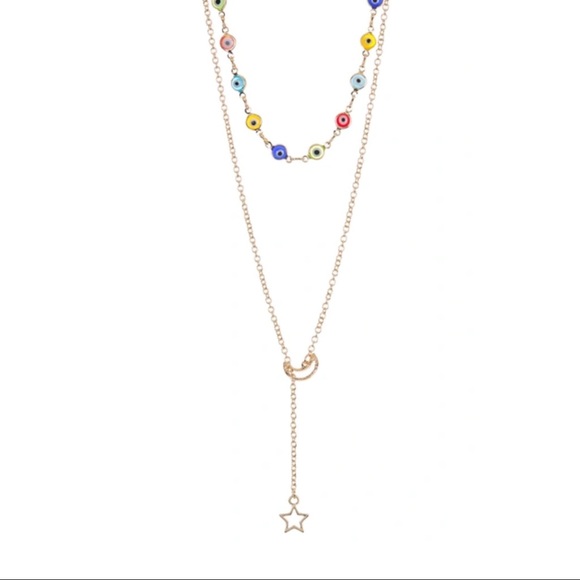 BP. Layered Glass Bead Evil Eye And Moon Star Pull Necklace - Picture 4 of 7